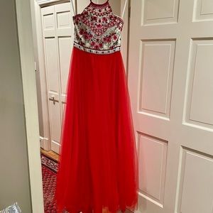 Red beaded-corset prom dress
